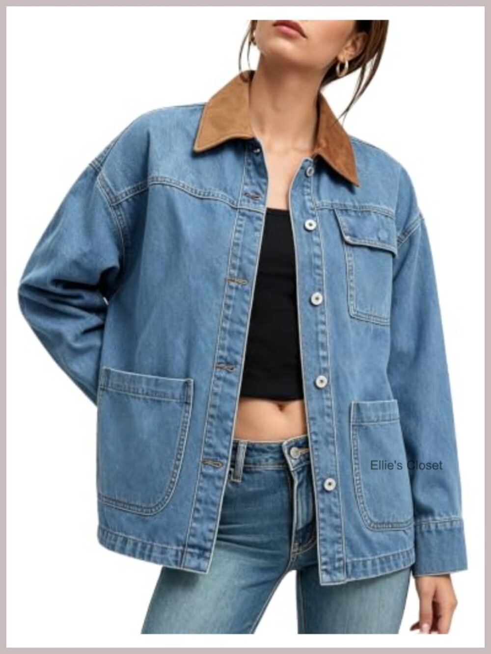 Oversized Denim Jacket Women Jean Jacket Faux Suede Collar Button Up
